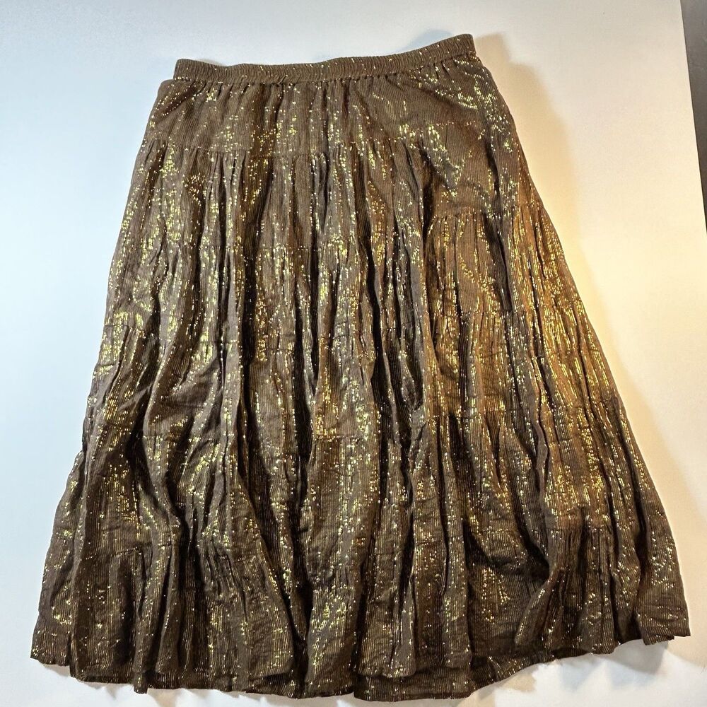 ZeroZero Y2K Hippie Boho Brown Cotton & Gold Metallic Thread Midi Skirt Size M - Picture 9 of 11